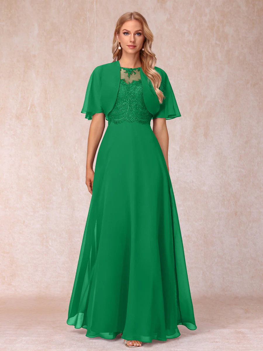 A-Line Chiffon Long Mother of the Bride Dresses with Jacket & Appliques - Image 36