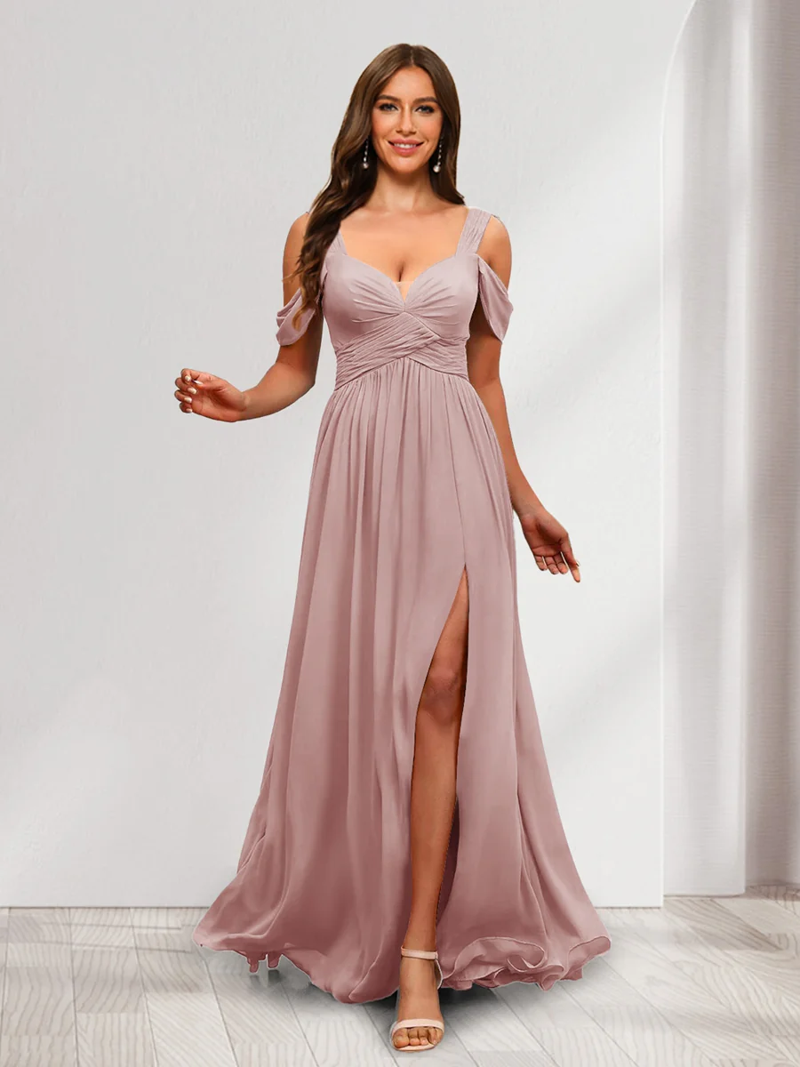 A-Line Cold Shoulder Split Side Ruched Floor-Length Chiffon Bridesmaid Dresses - Image 16