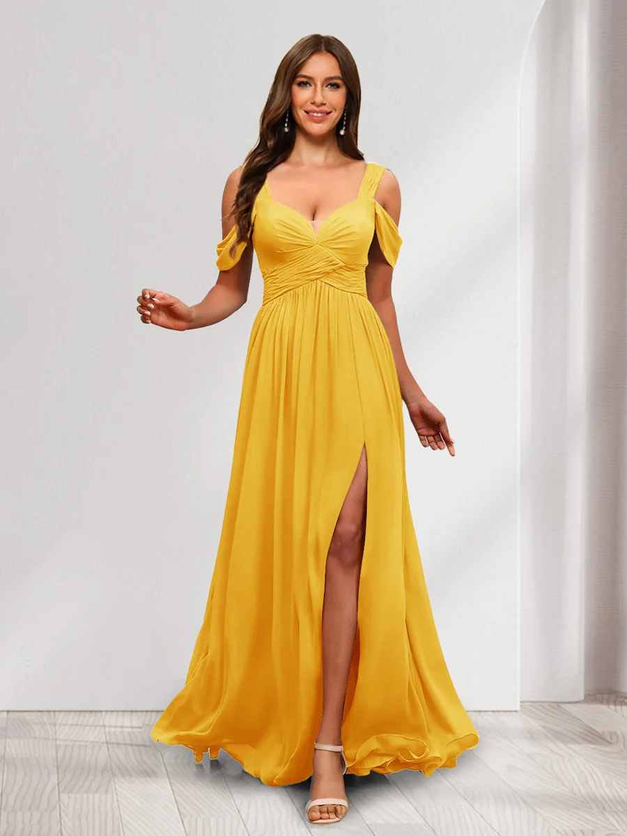 A-Line Cold Shoulder Split Side Ruched Floor-Length Chiffon Bridesmaid Dresses - Image 24