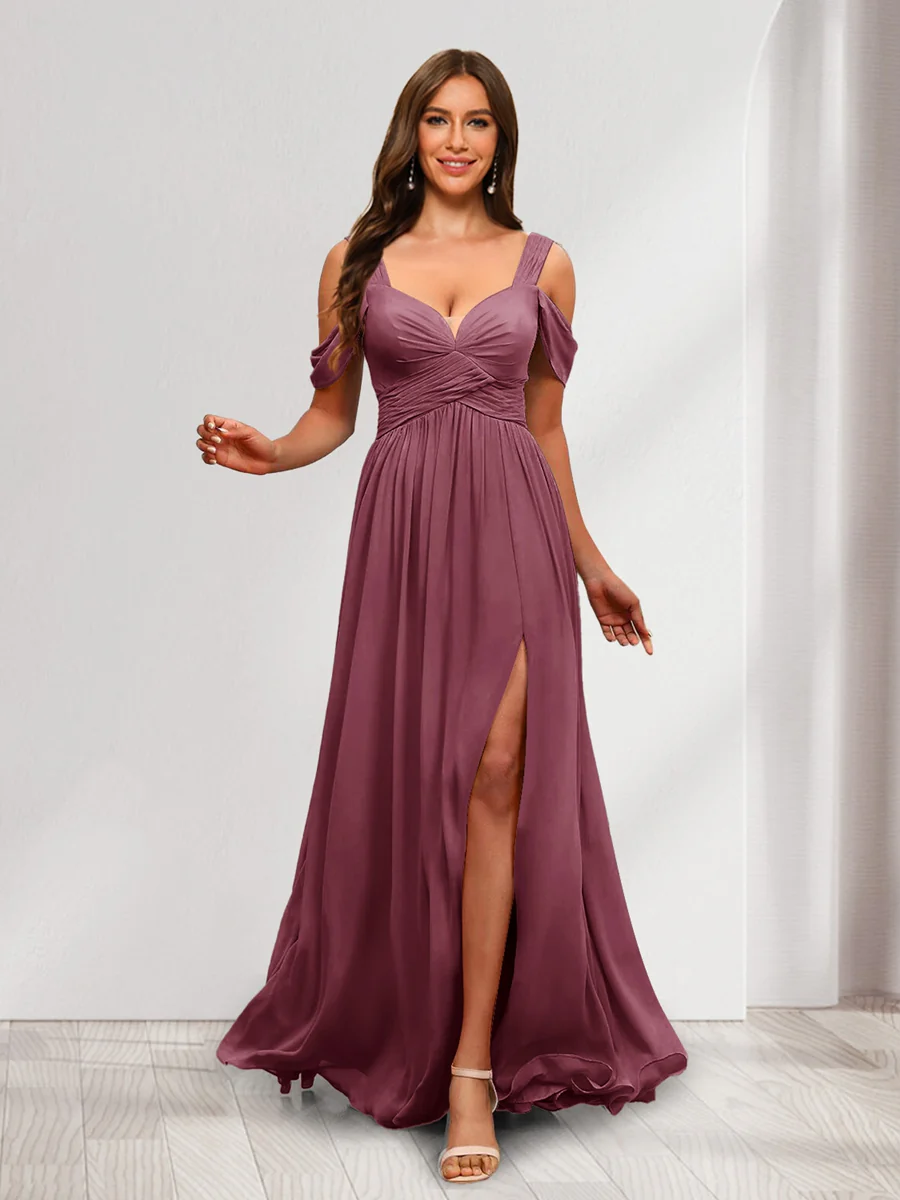 A-Line Cold Shoulder Split Side Ruched Floor-Length Chiffon Bridesmaid Dresses - Image 42