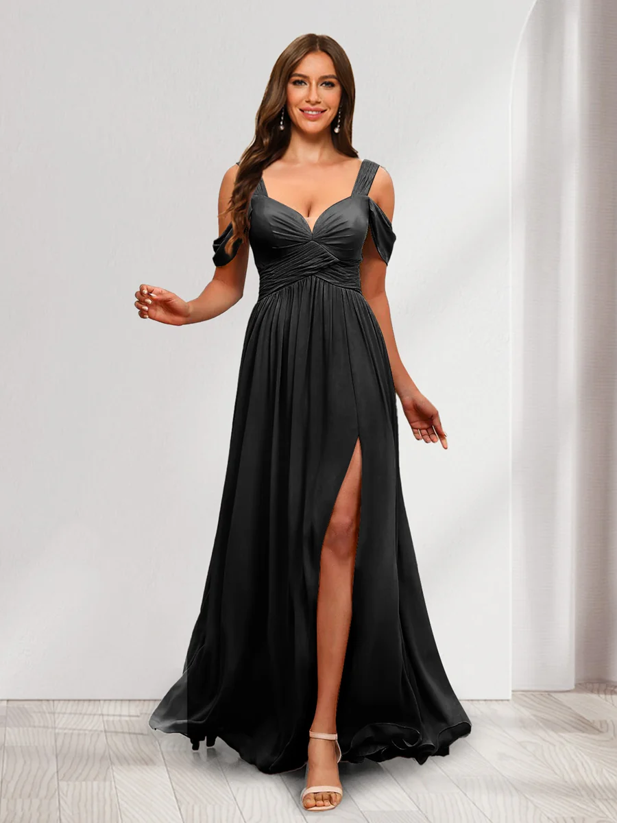 A-Line Cold Shoulder Split Side Ruched Floor-Length Chiffon Bridesmaid Dresses - Image 5