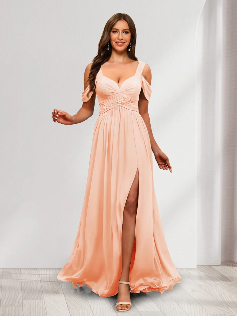 A-Line Cold Shoulder Split Side Ruched Floor-Length Chiffon Bridesmaid Dresses - Image 50