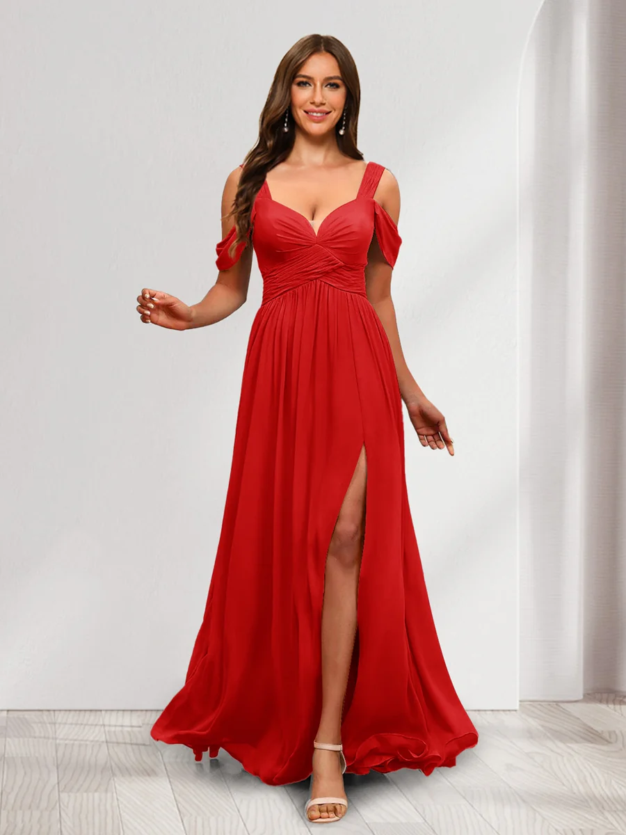 A-Line Cold Shoulder Split Side Ruched Floor-Length Chiffon Bridesmaid Dresses - Image 56