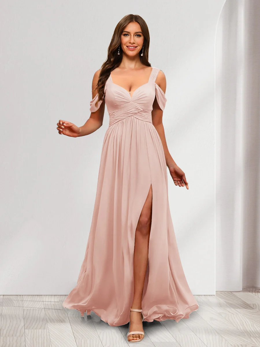 A-Line Cold Shoulder Split Side Ruched Floor-Length Chiffon Bridesmaid Dresses - Image 6