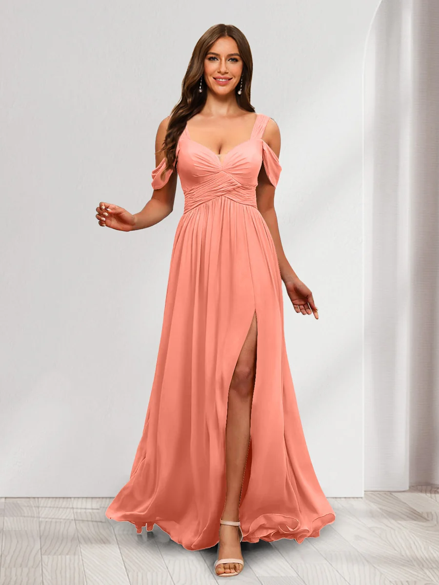 A-Line Cold Shoulder Split Side Ruched Floor-Length Chiffon Bridesmaid Dresses - Image 60