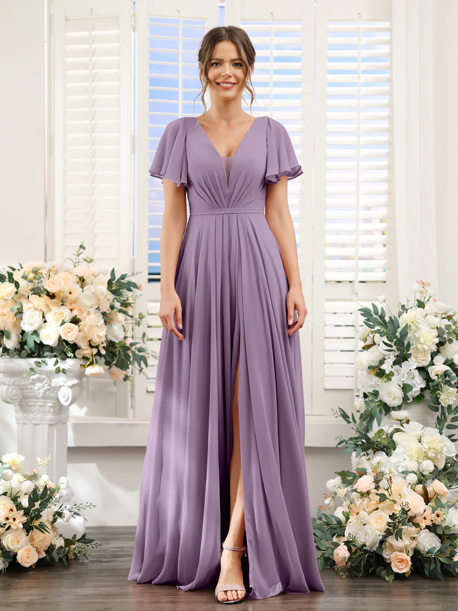 A-Line Deep V-Neck Short Sleeves Split Side Chiffon Bridesmaid Dresses - Image 40