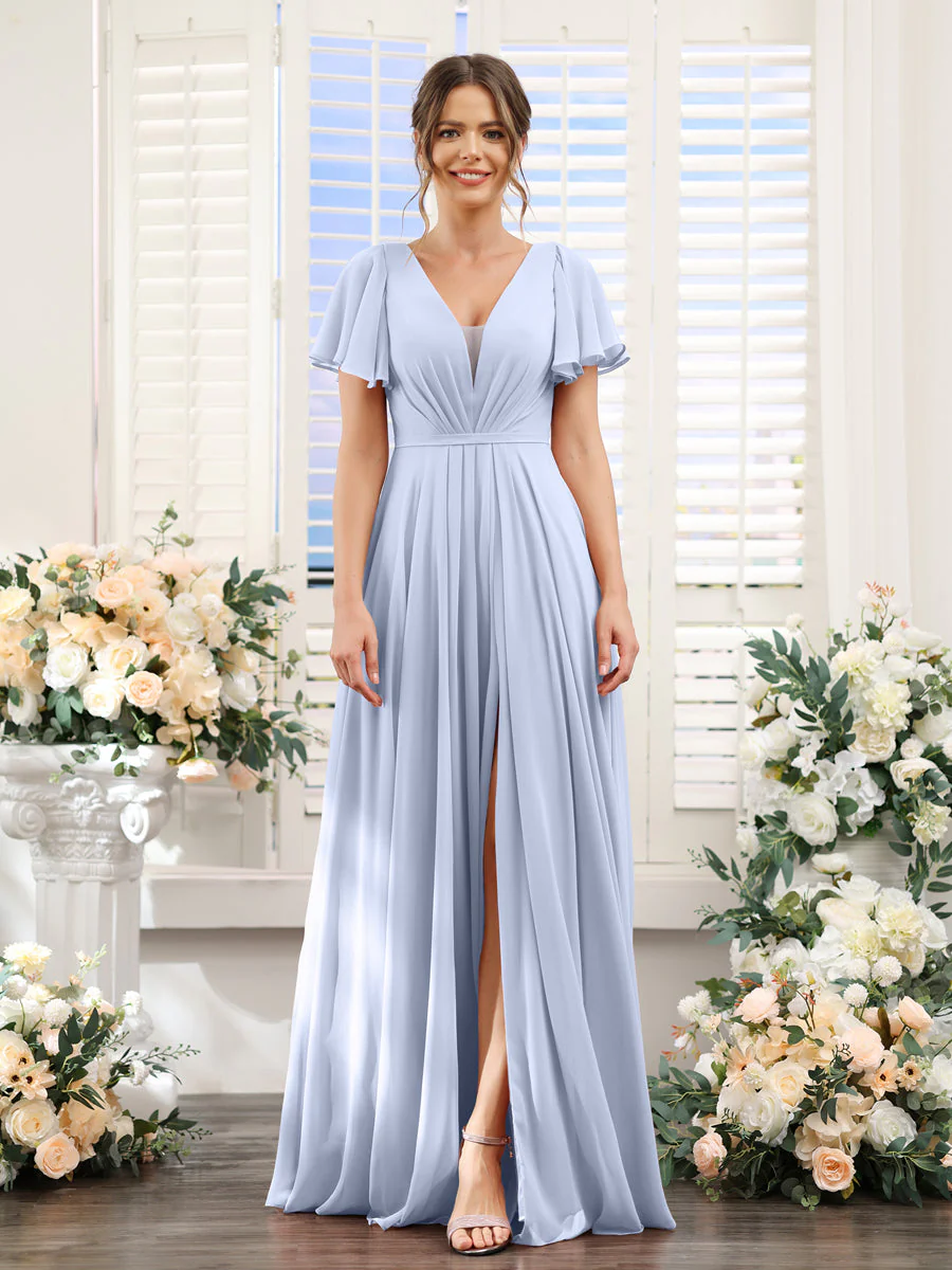 A-Line Deep V-Neck Short Sleeves Split Side Chiffon Bridesmaid Dresses - Image 48