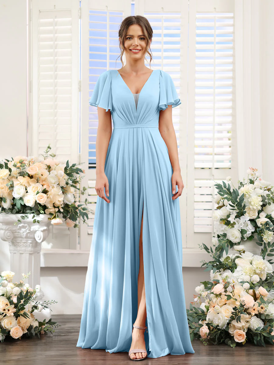 A-Line Deep V-Neck Short Sleeves Split Side Chiffon Bridesmaid Dresses - Image 50