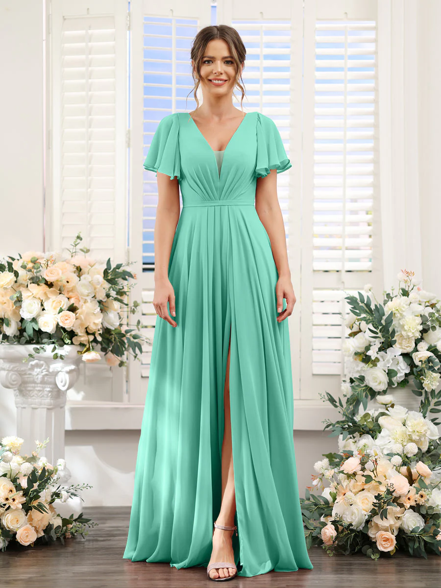 A-Line Deep V-Neck Short Sleeves Split Side Chiffon Bridesmaid Dresses - Image 62