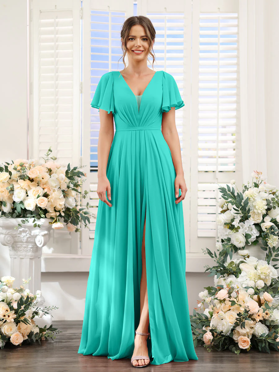 A-Line Deep V-Neck Short Sleeves Split Side Chiffon Bridesmaid Dresses - Image 63