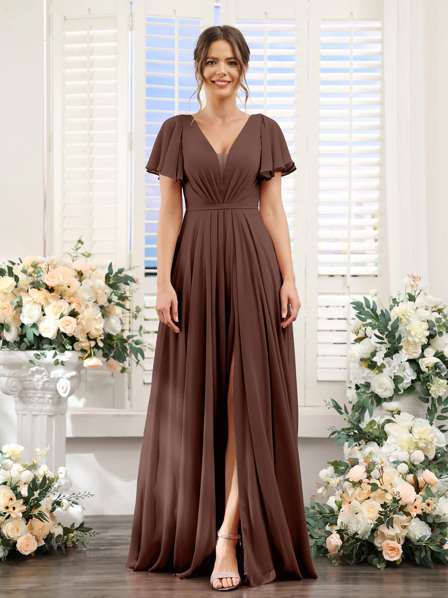 A-Line Deep V-Neck Short Sleeves Split Side Chiffon Bridesmaid Dresses - Image 76