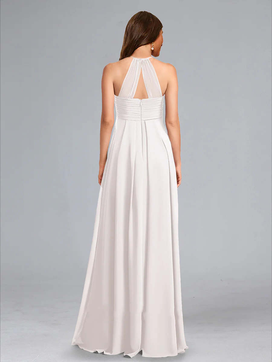 A-Line Halter Neck Ruched Chiffon Floor-Length Baby Shower Wedding Dresses with Pleats - Image 2