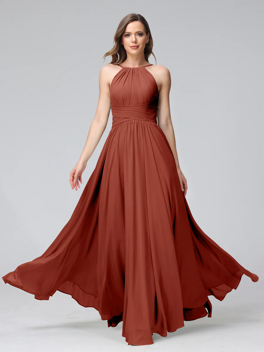 A-Line Halter Sleeveless Ruched Floor-Length Chiffon Bridesmaid Dresses - Image 13