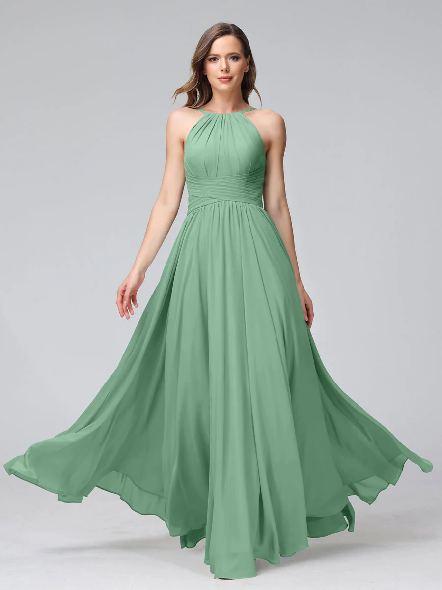 A-Line Halter Sleeveless Ruched Floor-Length Chiffon Bridesmaid Dresses - Image 17