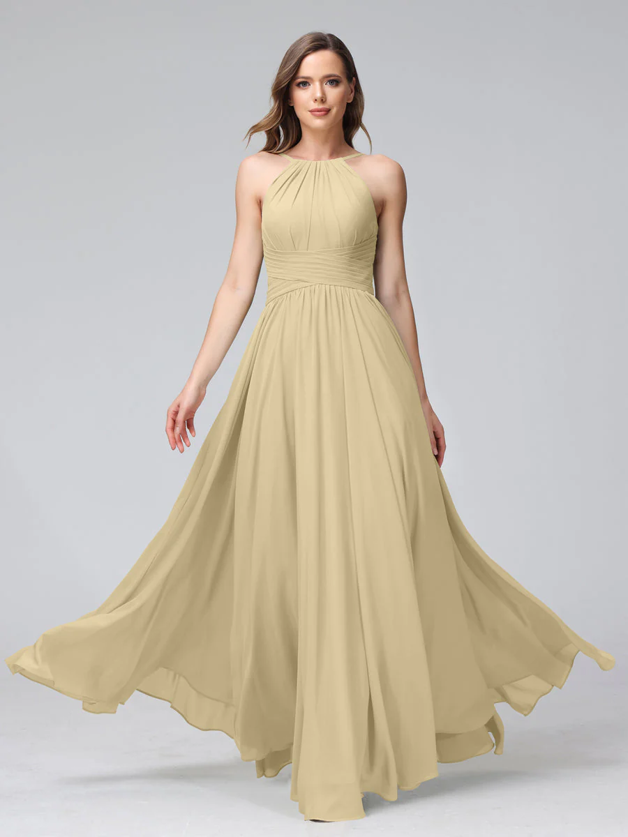A-Line Halter Sleeveless Ruched Floor-Length Chiffon Bridesmaid Dresses - Image 24