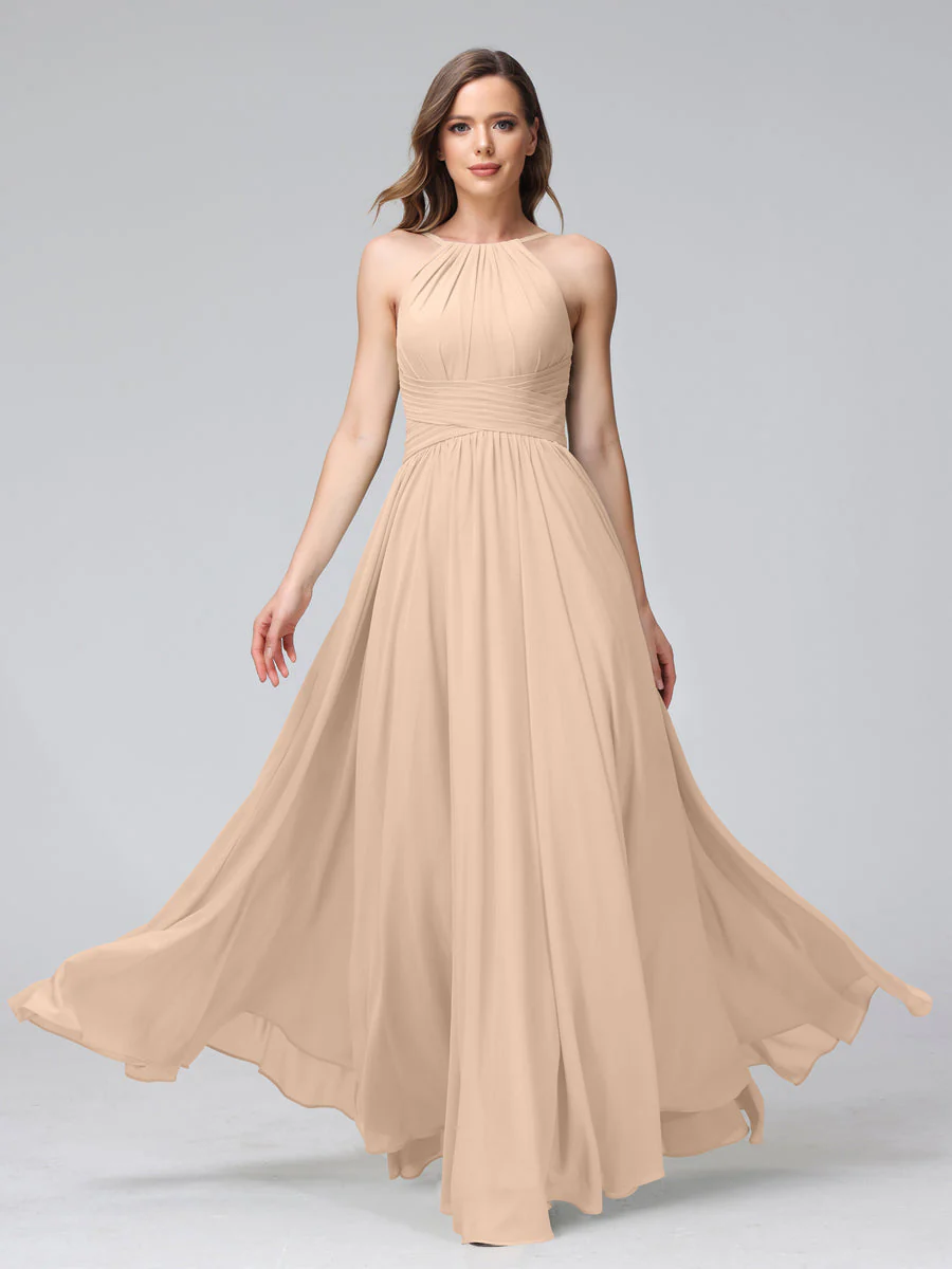 A-Line Halter Sleeveless Ruched Floor-Length Chiffon Bridesmaid Dresses - Image 29