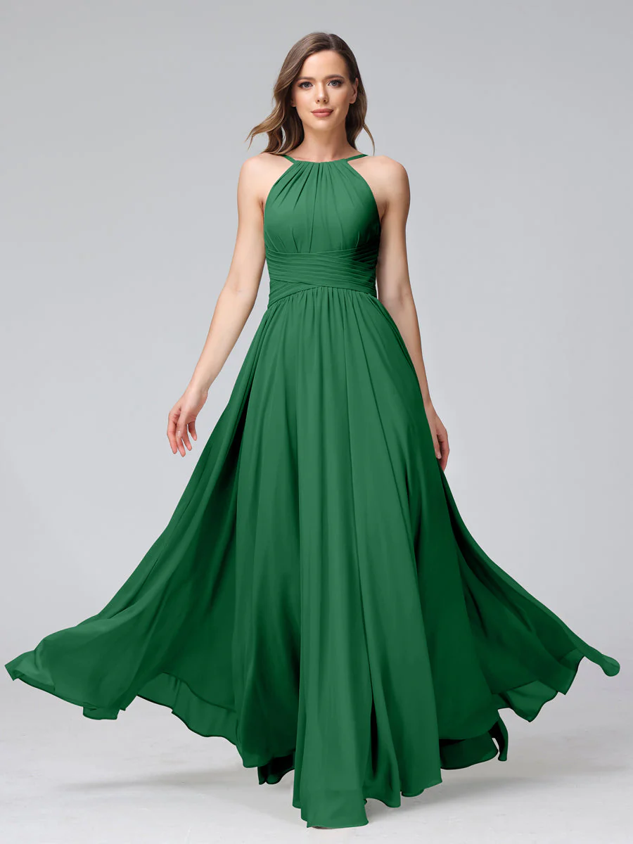 A-Line Halter Sleeveless Ruched Floor-Length Chiffon Bridesmaid Dresses - Image 67