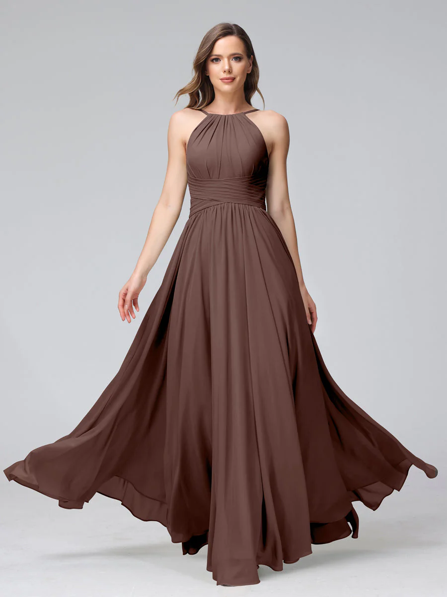 A-Line Halter Sleeveless Ruched Floor-Length Chiffon Bridesmaid Dresses - Image 76