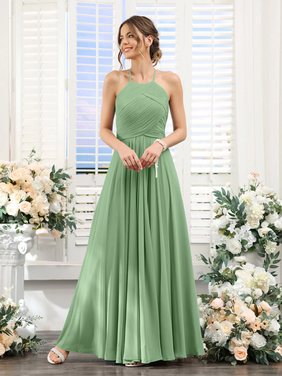 A-Line Halter Sleeveless Ruched Floor-Length Chiffon Bridesmaid Dresses - Image 15