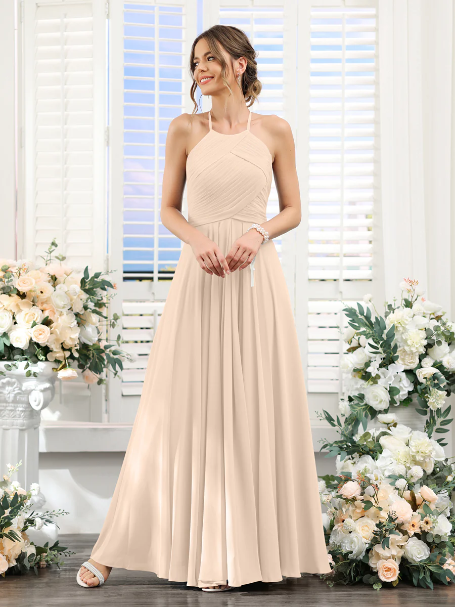 A-Line Halter Sleeveless Ruched Floor-Length Chiffon Bridesmaid Dresses - Image 22