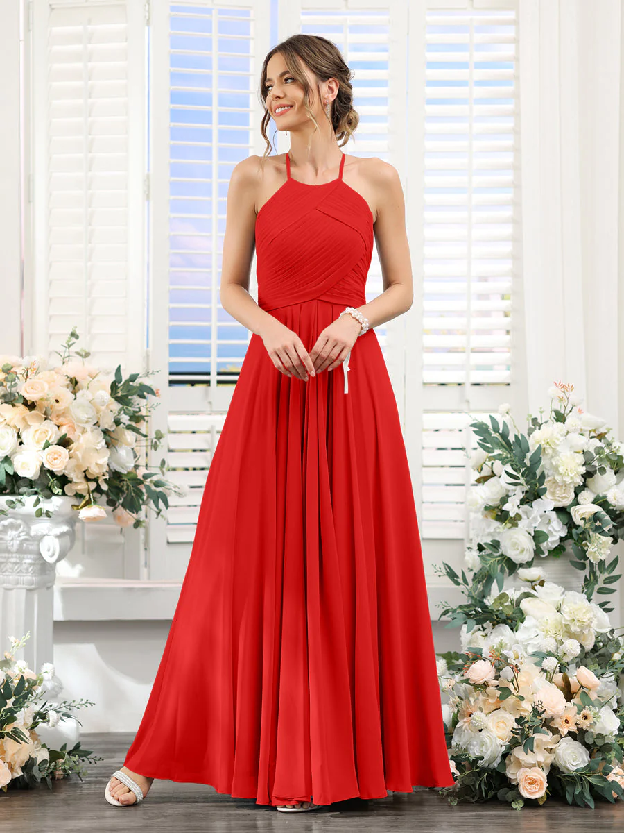 A-Line Halter Sleeveless Ruched Floor-Length Chiffon Bridesmaid Dresses - Image 35