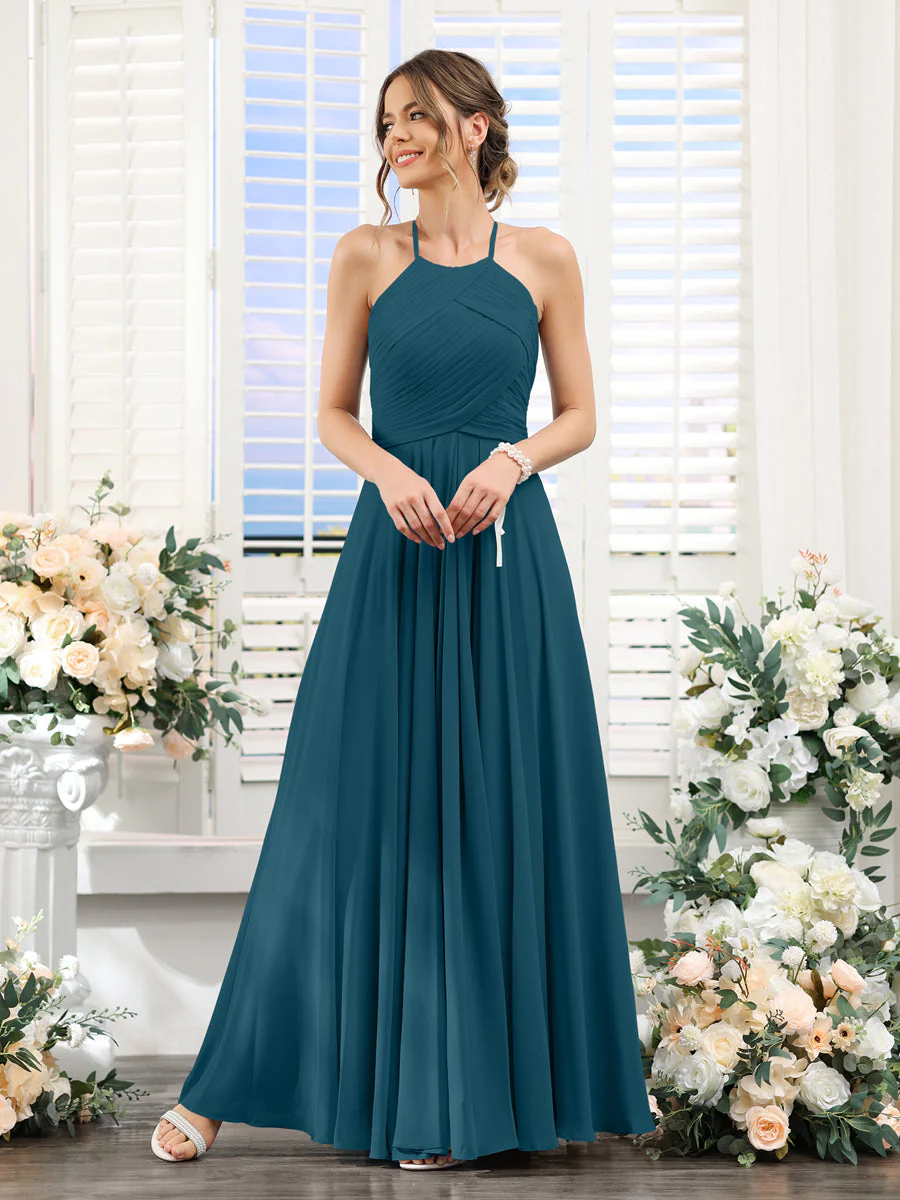 A-Line Halter Sleeveless Ruched Floor-Length Chiffon Bridesmaid Dresses - Image 57