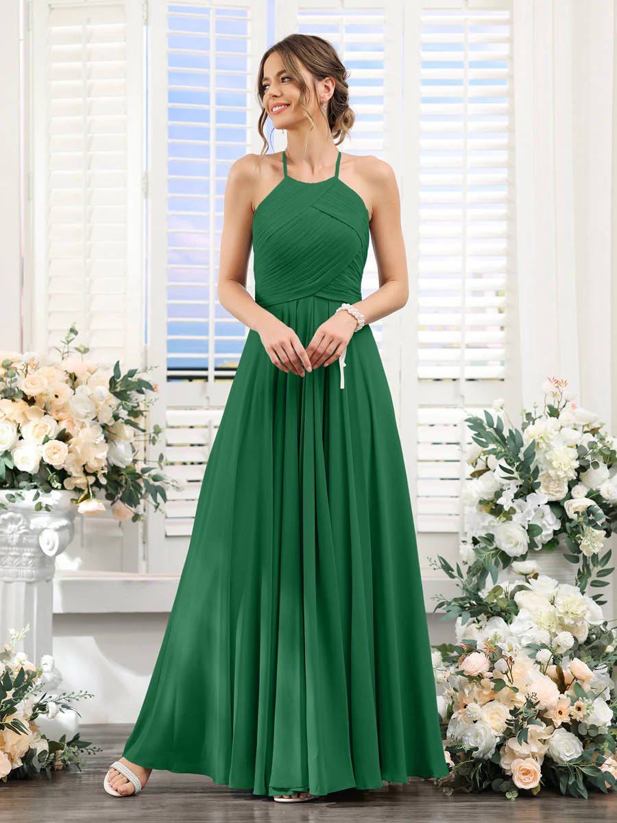 A-Line Halter Sleeveless Ruched Floor-Length Chiffon Bridesmaid Dresses - Image 66
