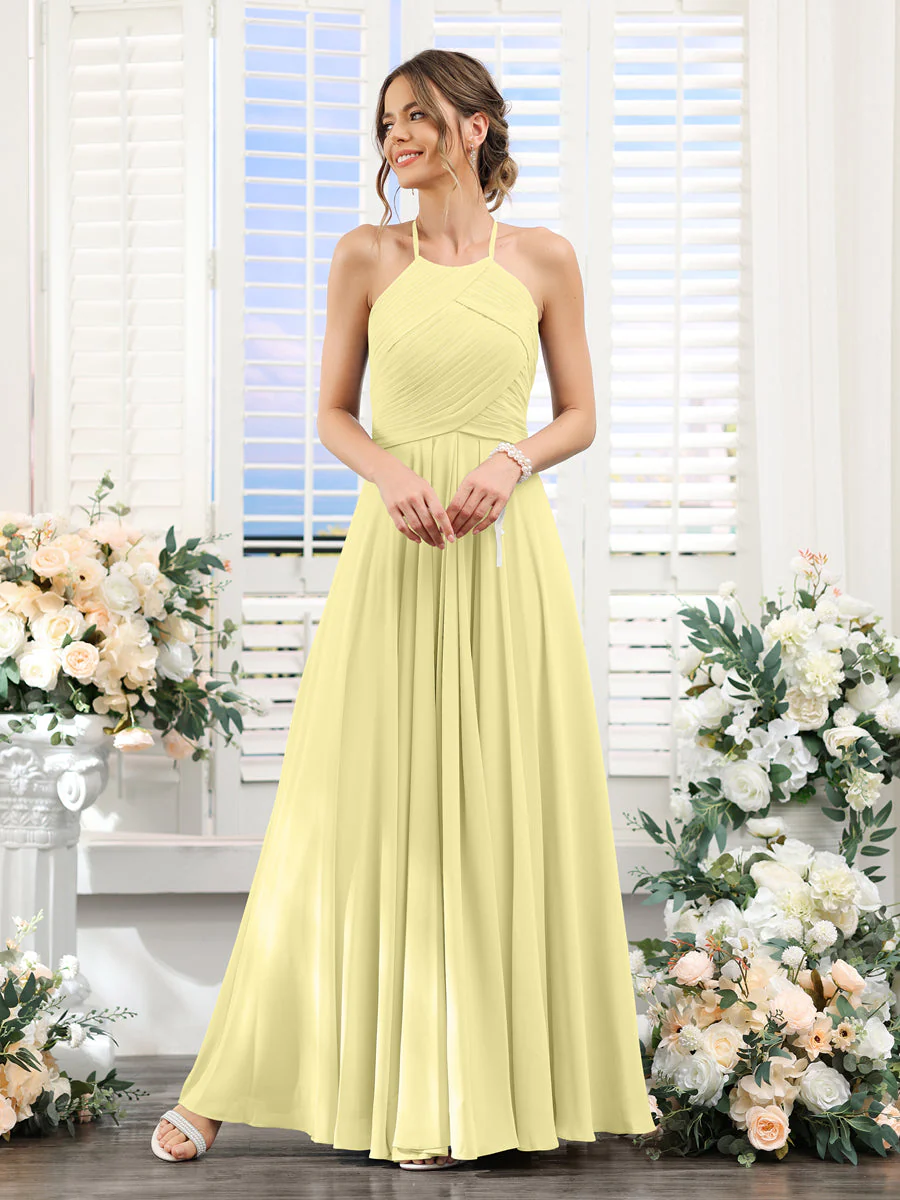 A-Line Halter Sleeveless Ruched Floor-Length Chiffon Bridesmaid Dresses - Image 68