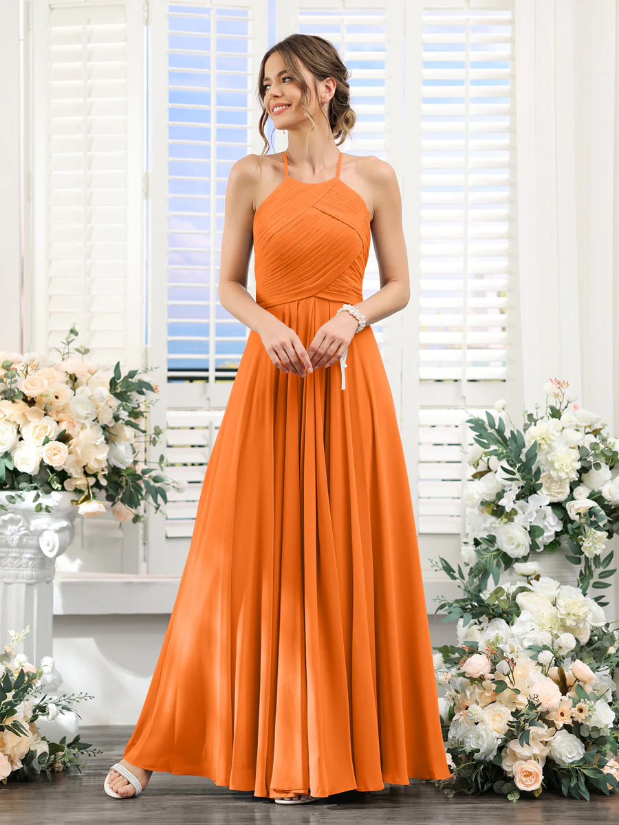 A-Line Halter Sleeveless Ruched Floor-Length Chiffon Bridesmaid Dresses - Image 71