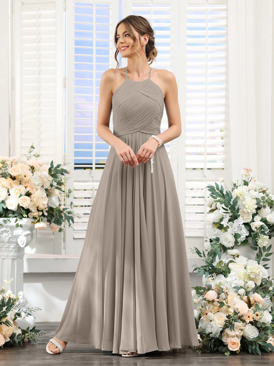 A-Line Halter Sleeveless Ruched Floor-Length Chiffon Bridesmaid Dresses - Image 72