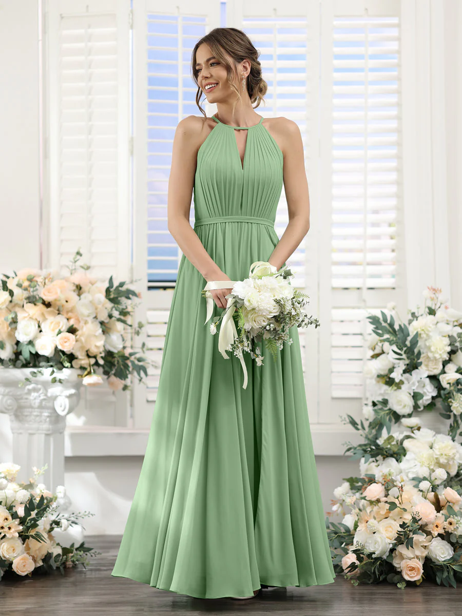 A-Line Halter Sleeveless Split Side Ruched Floor-Length Chiffon Bridesmaid Dresses - Image 15