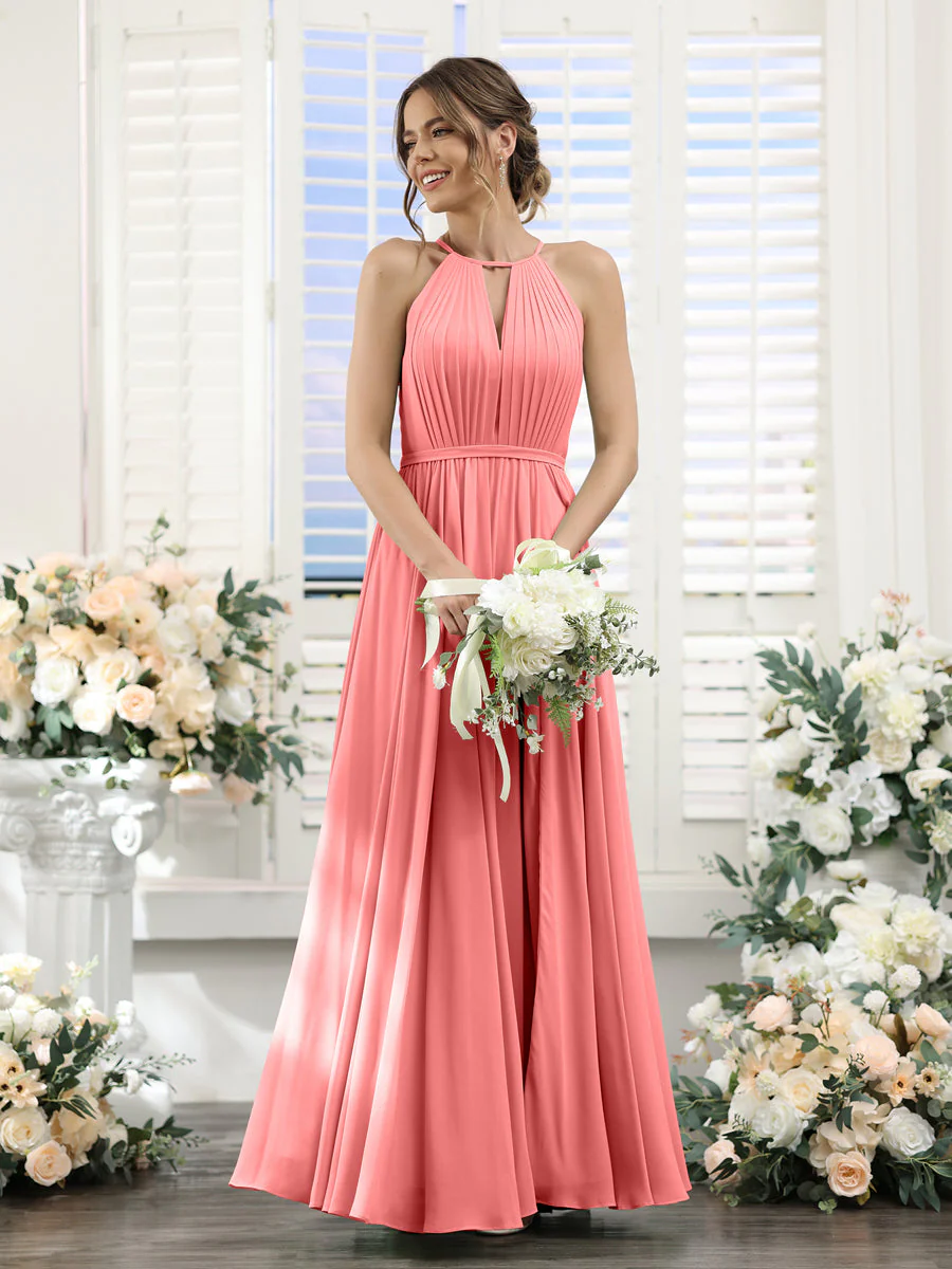 A-Line Halter Sleeveless Split Side Ruched Floor-Length Chiffon Bridesmaid Dresses - Image 31