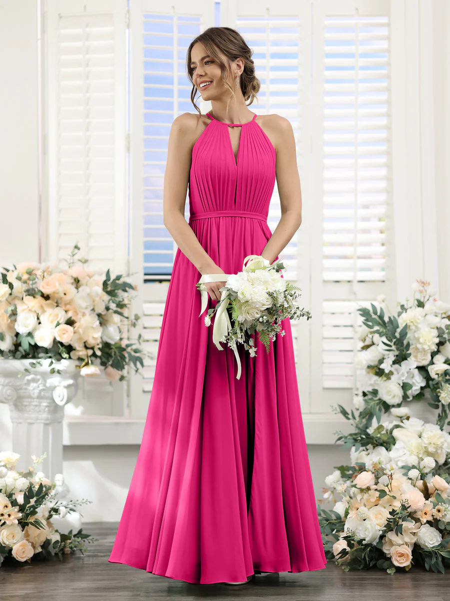 A-Line Halter Sleeveless Split Side Ruched Floor-Length Chiffon Bridesmaid Dresses - Image 33
