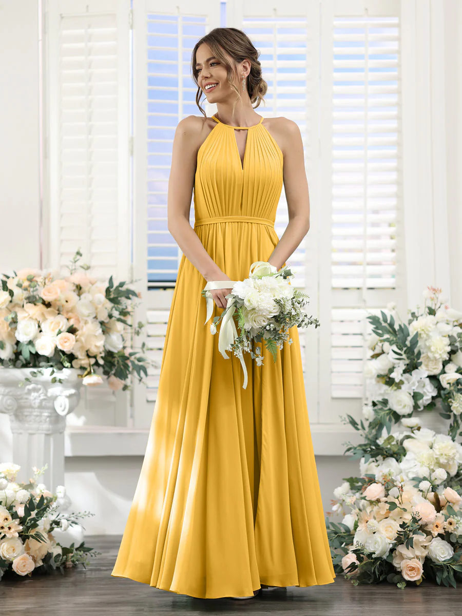A-Line Halter Sleeveless Split Side Ruched Floor-Length Chiffon Bridesmaid Dresses - Image 69
