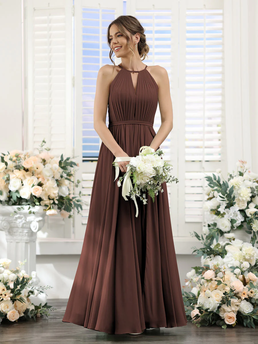 A-Line Halter Sleeveless Split Side Ruched Floor-Length Chiffon Bridesmaid Dresses - Image 75