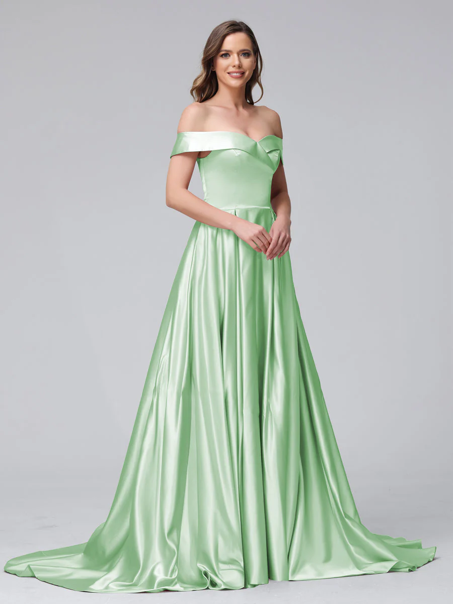 A-Line Off-the-Shoulder Long Satin Evening Dresses with Split Side & Pockets - Image 10