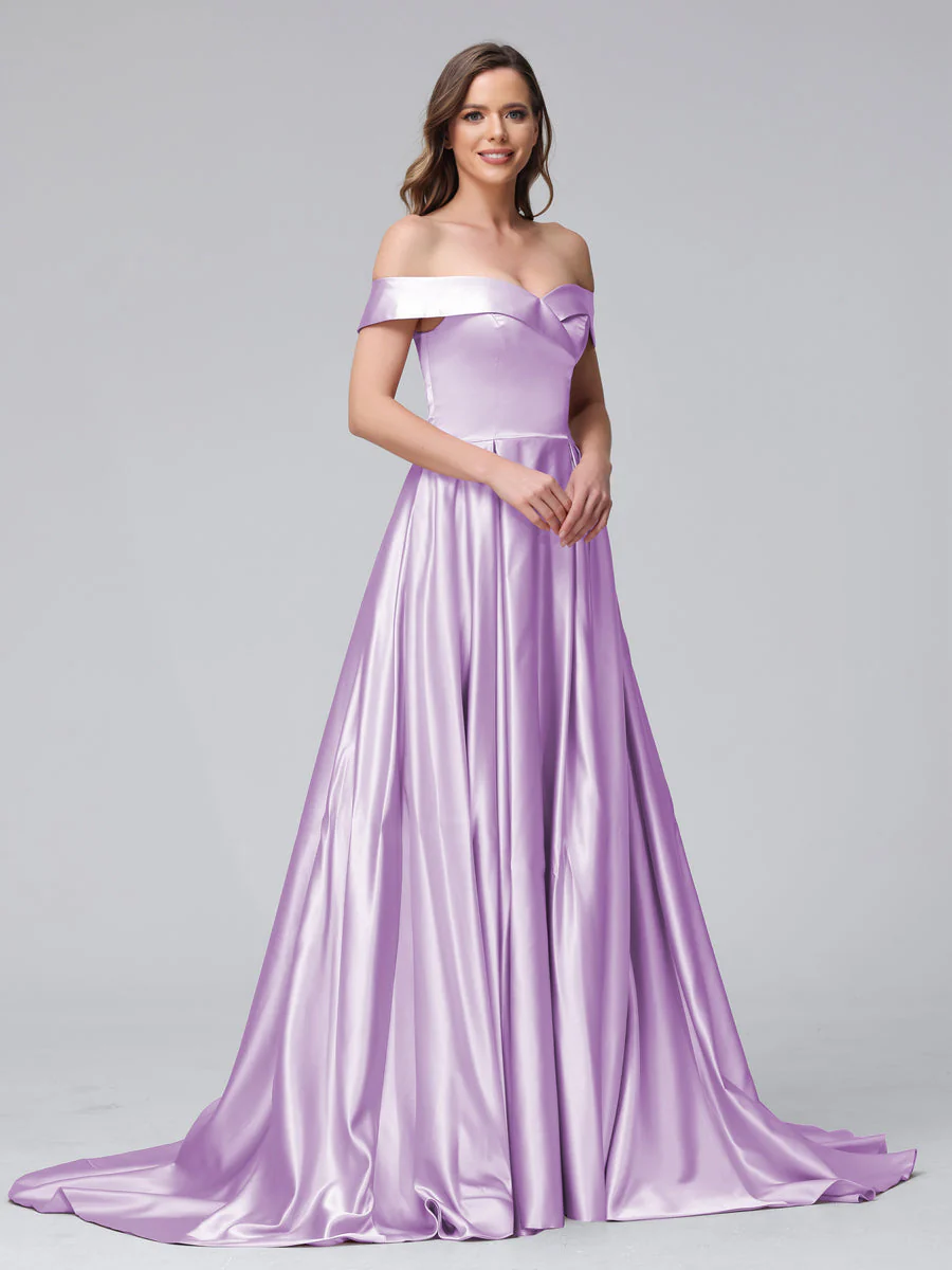 A-Line Off-the-Shoulder Long Satin Evening Dresses with Split Side & Pockets - Image 14
