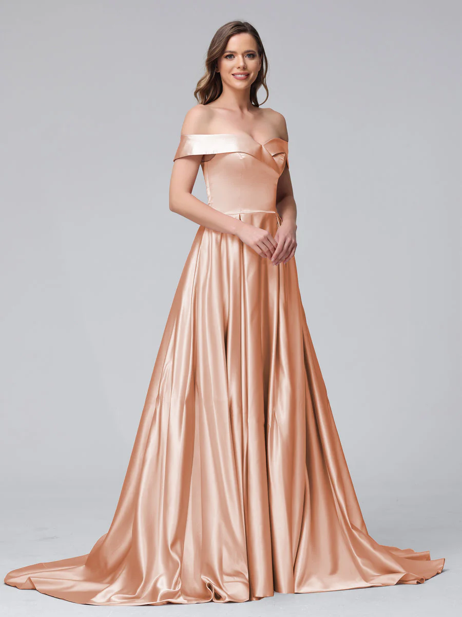 A-Line Off-the-Shoulder Long Satin Evening Dresses with Split Side & Pockets - Image 15
