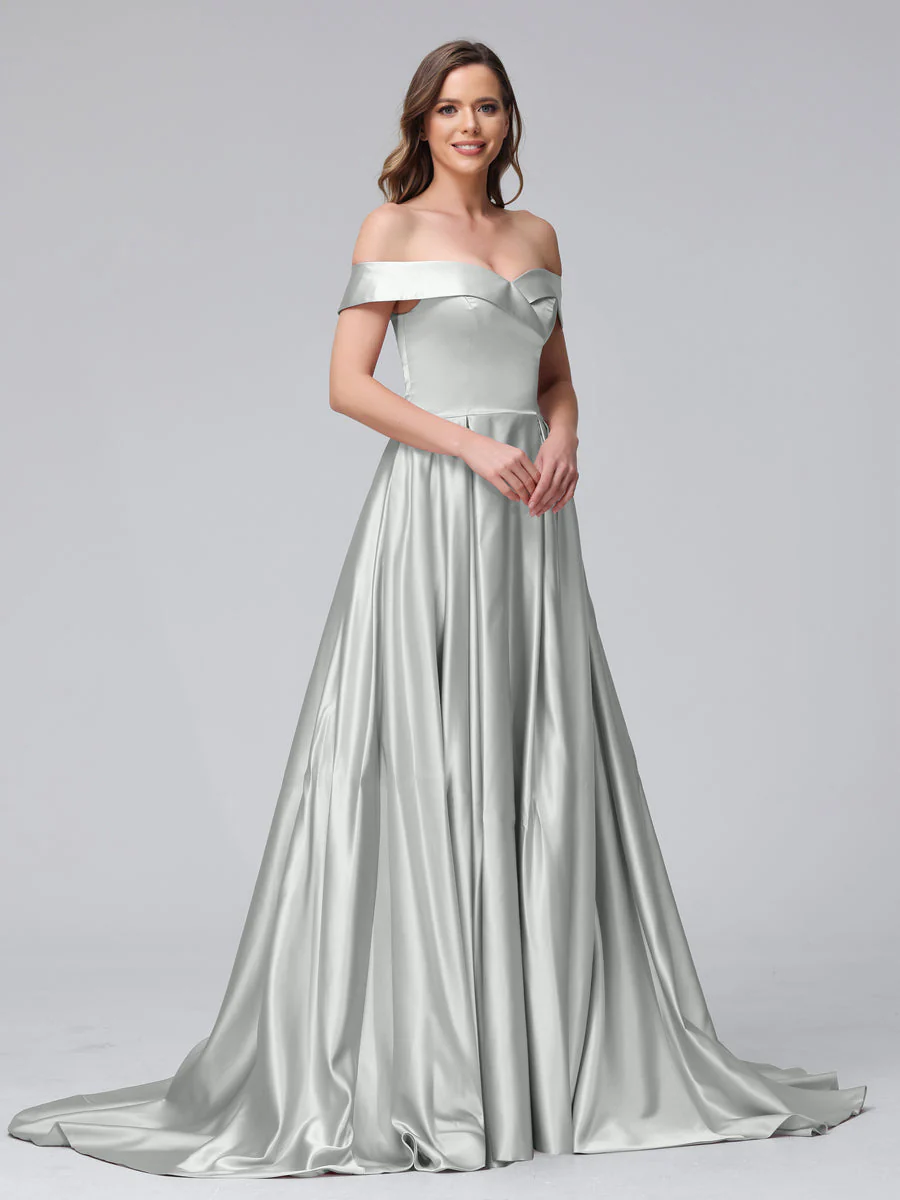 A-Line Off-the-Shoulder Long Satin Evening Dresses with Split Side & Pockets - Image 20