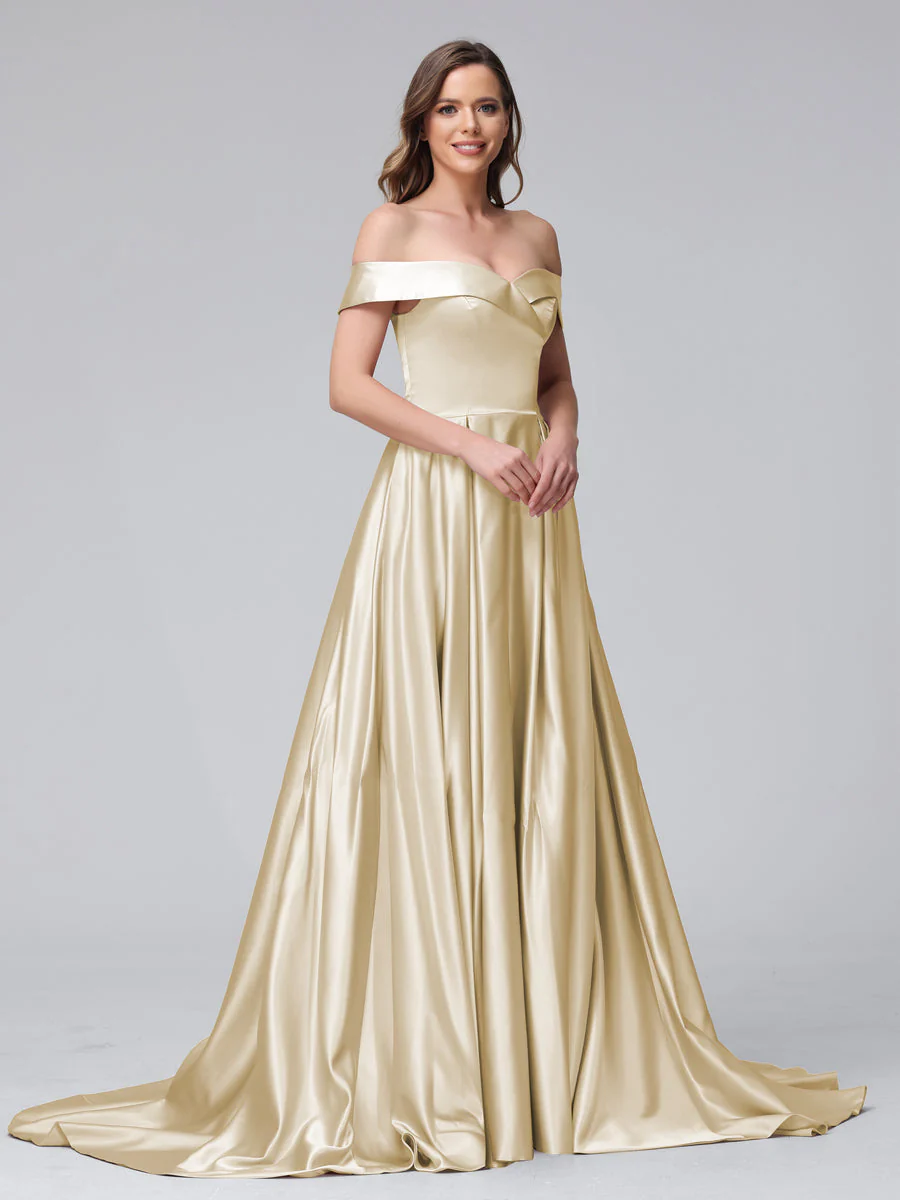 A-Line Off-the-Shoulder Long Satin Evening Dresses with Split Side & Pockets - Image 21