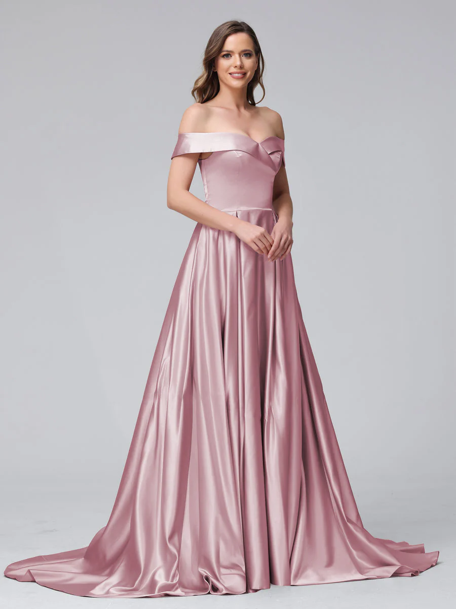 A-Line Off-the-Shoulder Long Satin Evening Dresses with Split Side & Pockets - Image 28