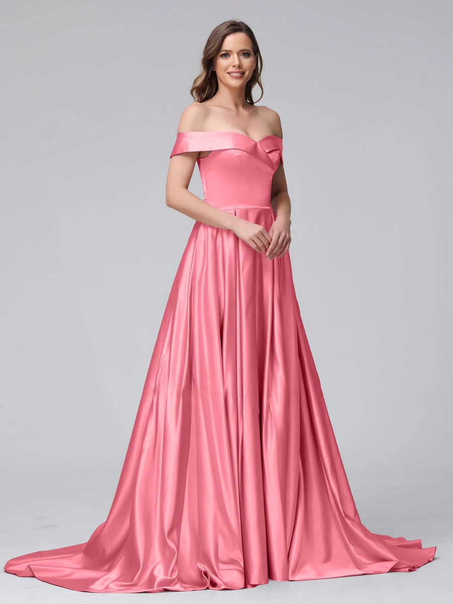 A-Line Off-the-Shoulder Long Satin Evening Dresses with Split Side & Pockets - Image 29