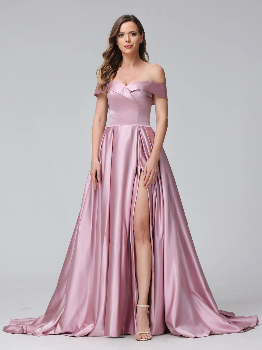 A-Line Off-the-Shoulder Long Satin Evening Dresses with Split Side & Pockets - Image 3