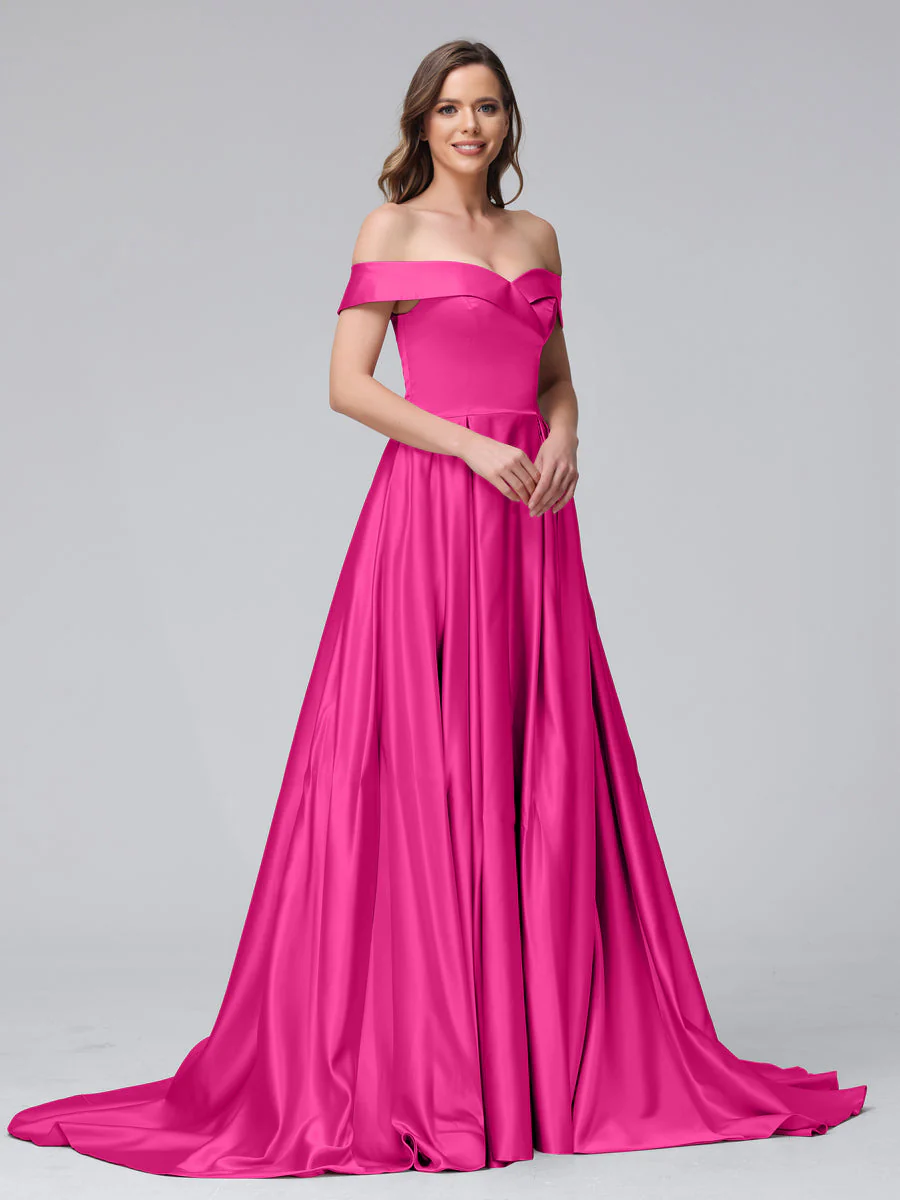 A-Line Off-the-Shoulder Long Satin Evening Dresses with Split Side & Pockets - Image 30