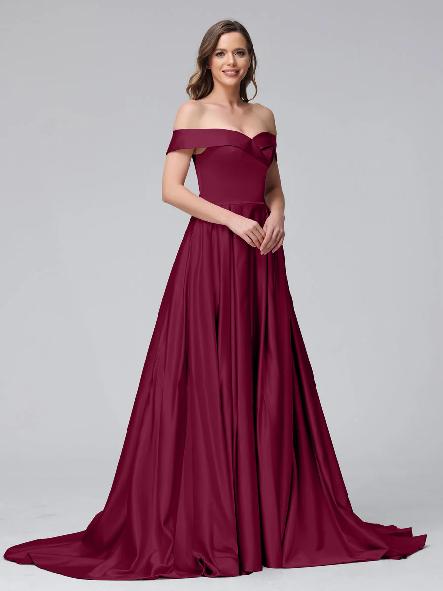 A-Line Off-the-Shoulder Long Satin Evening Dresses with Split Side & Pockets - Image 35