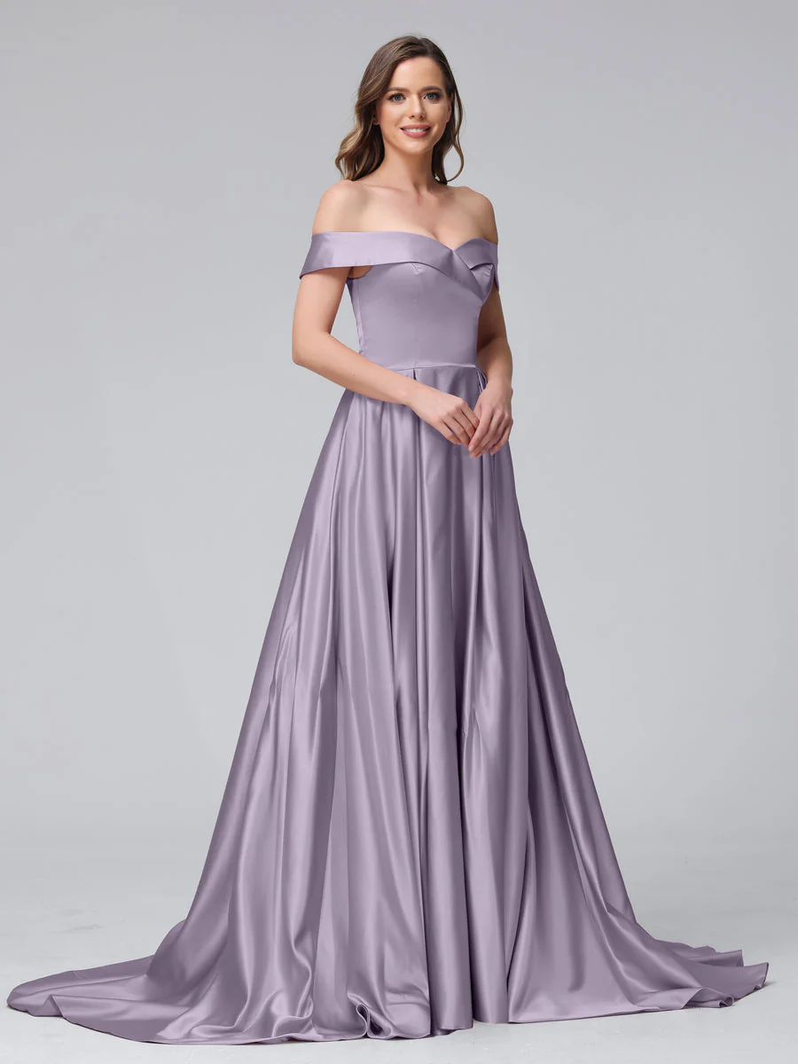 A-Line Off-the-Shoulder Long Satin Evening Dresses with Split Side & Pockets - Image 36