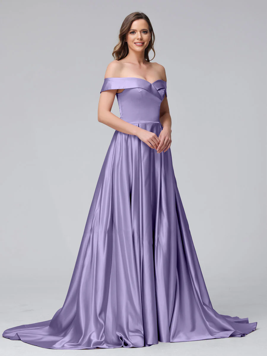 A-Line Off-the-Shoulder Long Satin Evening Dresses with Split Side & Pockets - Image 37