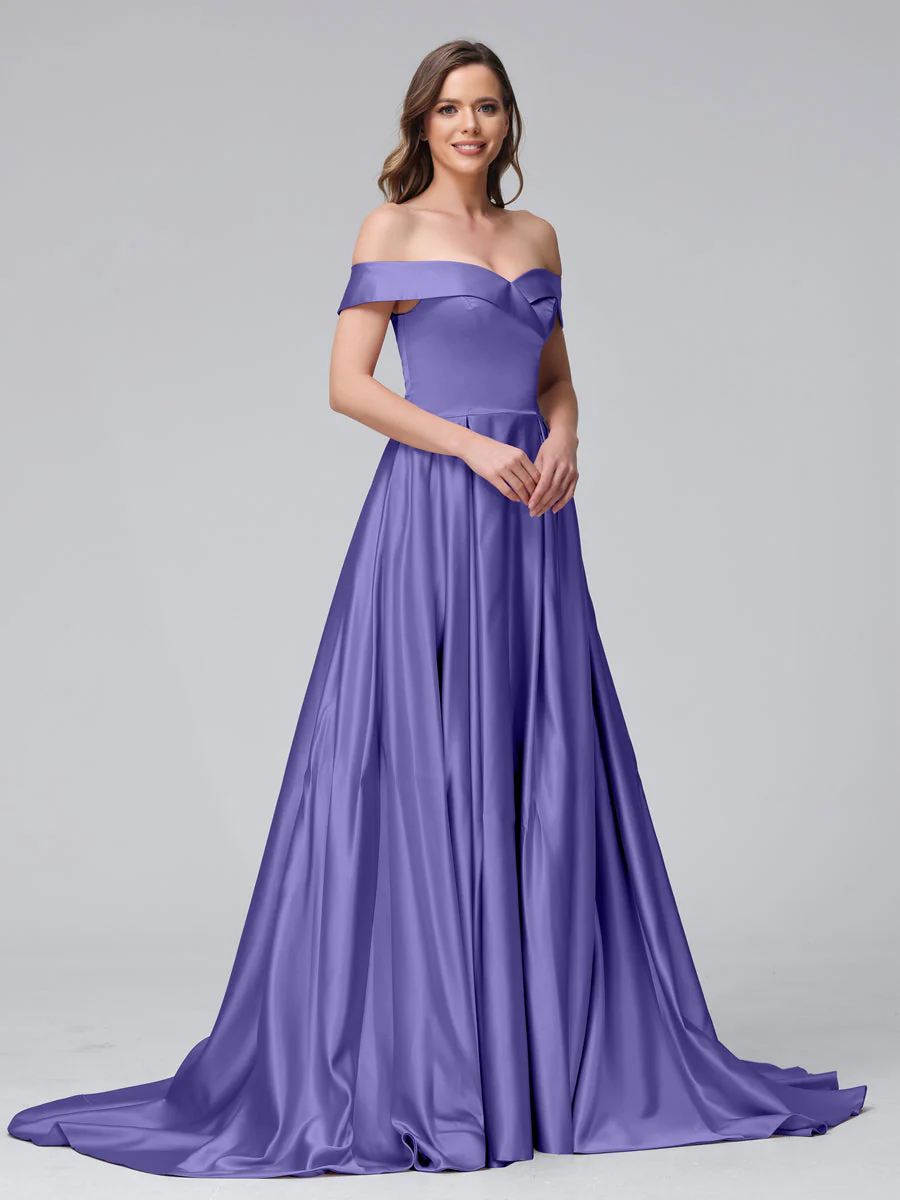 A-Line Off-the-Shoulder Long Satin Evening Dresses with Split Side & Pockets - Image 38