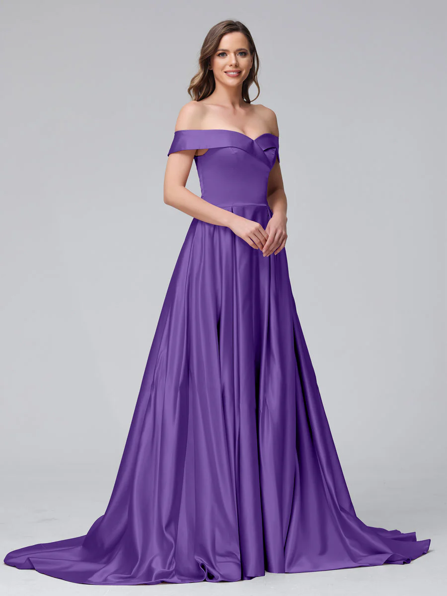 A-Line Off-the-Shoulder Long Satin Evening Dresses with Split Side & Pockets - Image 39