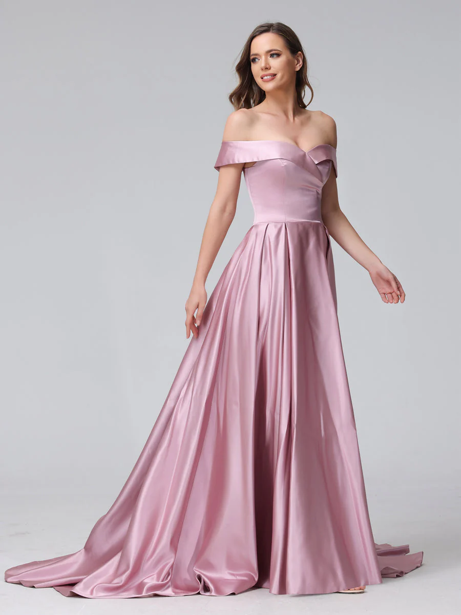 A-Line Off-the-Shoulder Long Satin Evening Dresses with Split Side & Pockets - Image 4